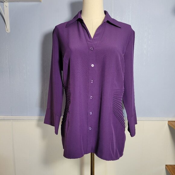 Dressbarn Medium Deep Purple Semi Fitted Button Up Longsleeve Dressy Office Top - Picture 1 of 11